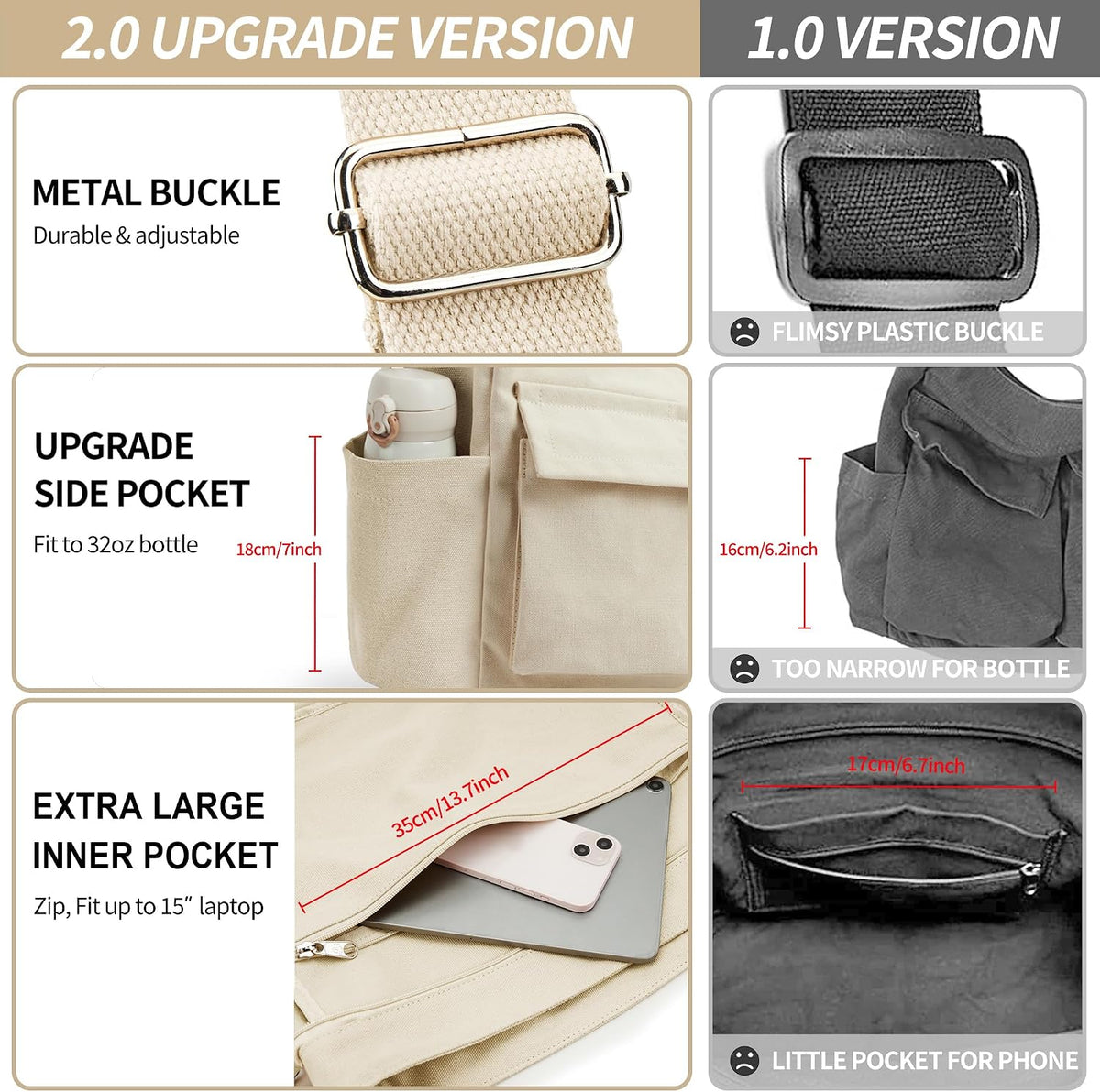 KALIDI Canvas Tote Bag Zipper Large Crossbody Shoulder Bag Messenger Bag