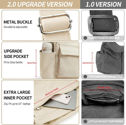 KALIDI Canvas Tote Bag Zipper Large Crossbody Shoulder Bag Messenger Bag