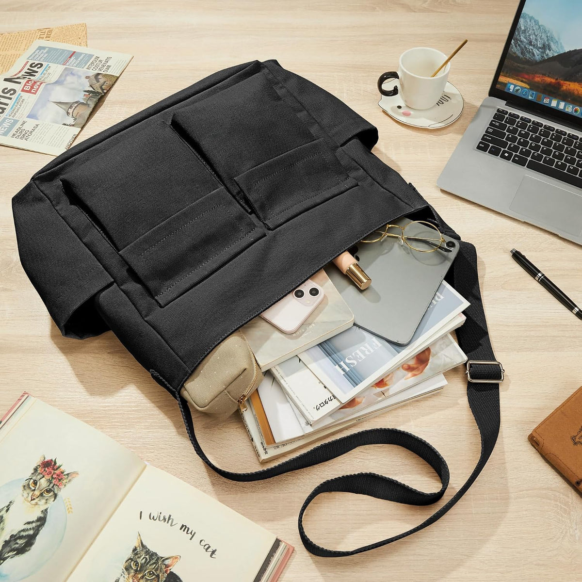KALIDI Canvas Tote Bag Zipper Large Crossbody Shoulder Bag Messenger Bag