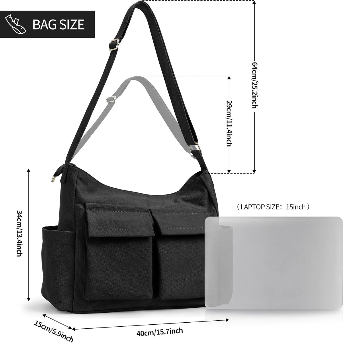 KALIDI Canvas Tote Bag Zipper Large Crossbody Shoulder Bag Messenger Bag