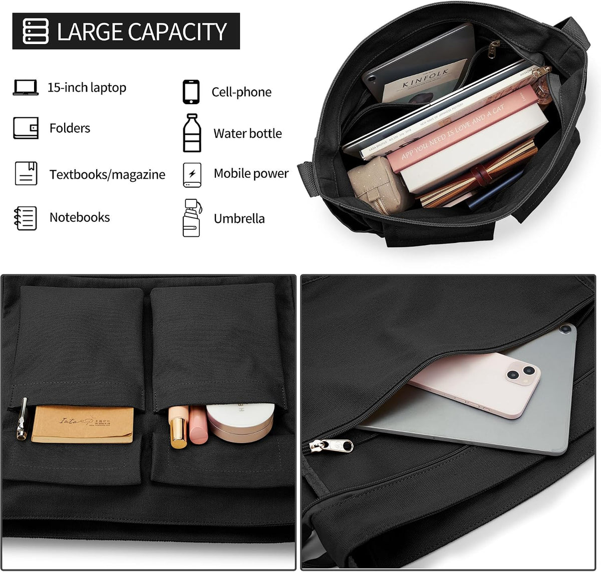 KALIDI Canvas Tote Bag Zipper Large Crossbody Shoulder Bag Messenger Bag