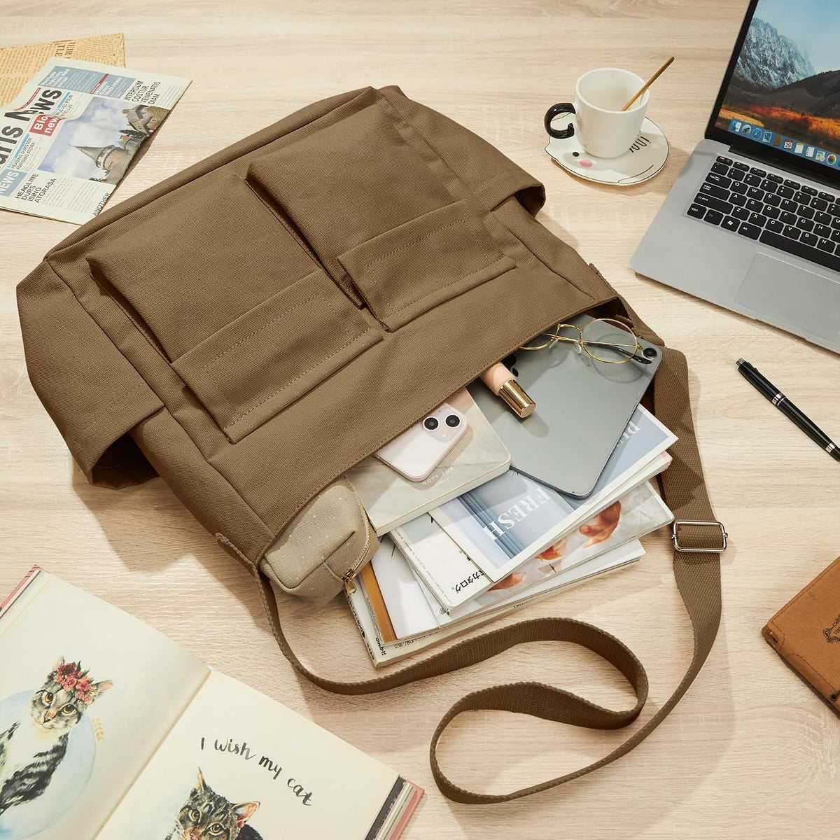 KALIDI Canvas Tote Bag Zipper Large Crossbody Shoulder Bag Messenger Bag