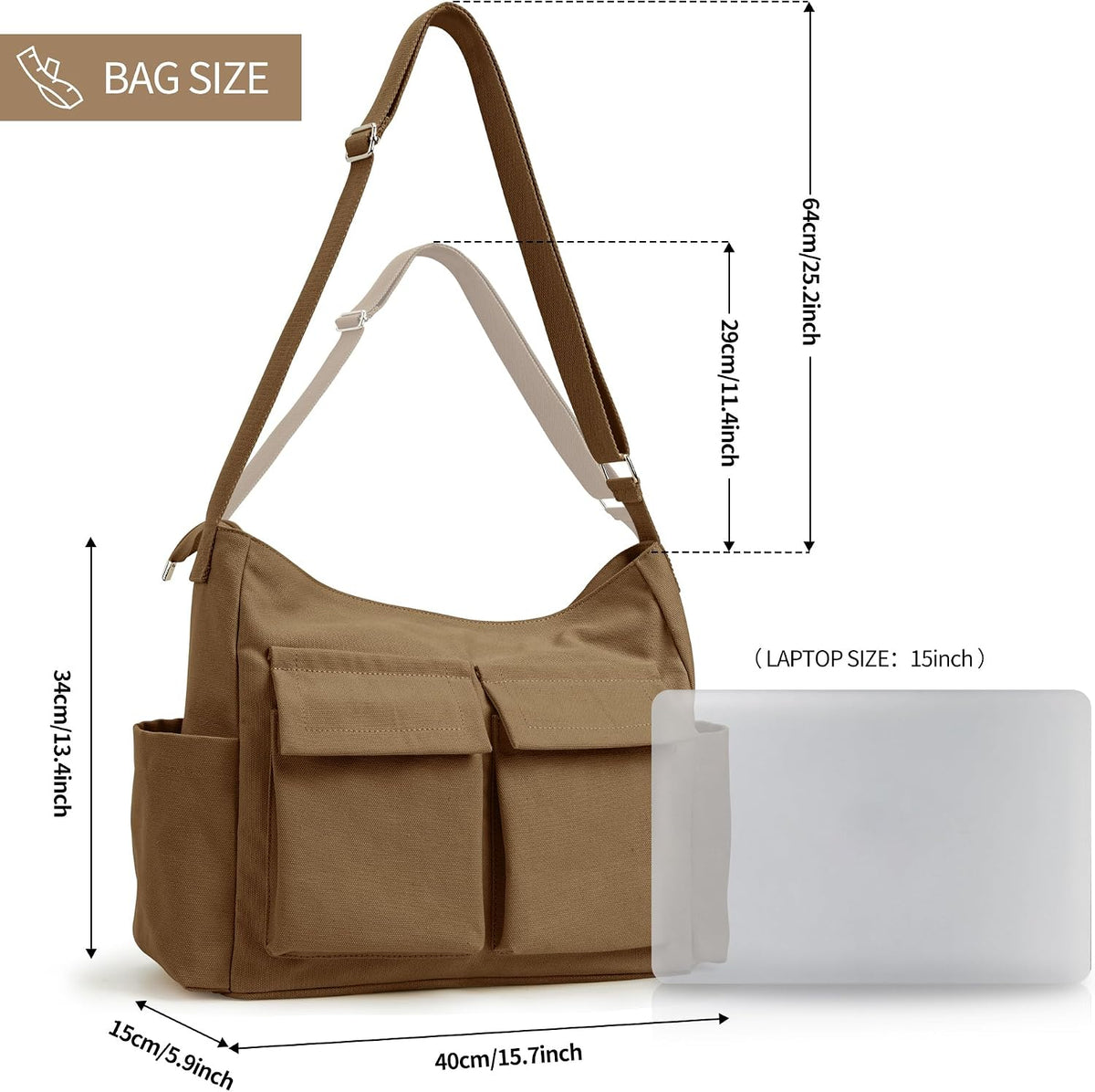 KALIDI Canvas Tote Bag Zipper Large Crossbody Shoulder Bag Messenger Bag