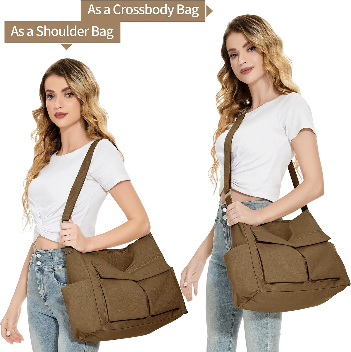 KALIDI Canvas Tote Bag Zipper Large Crossbody Shoulder Bag Messenger Bag