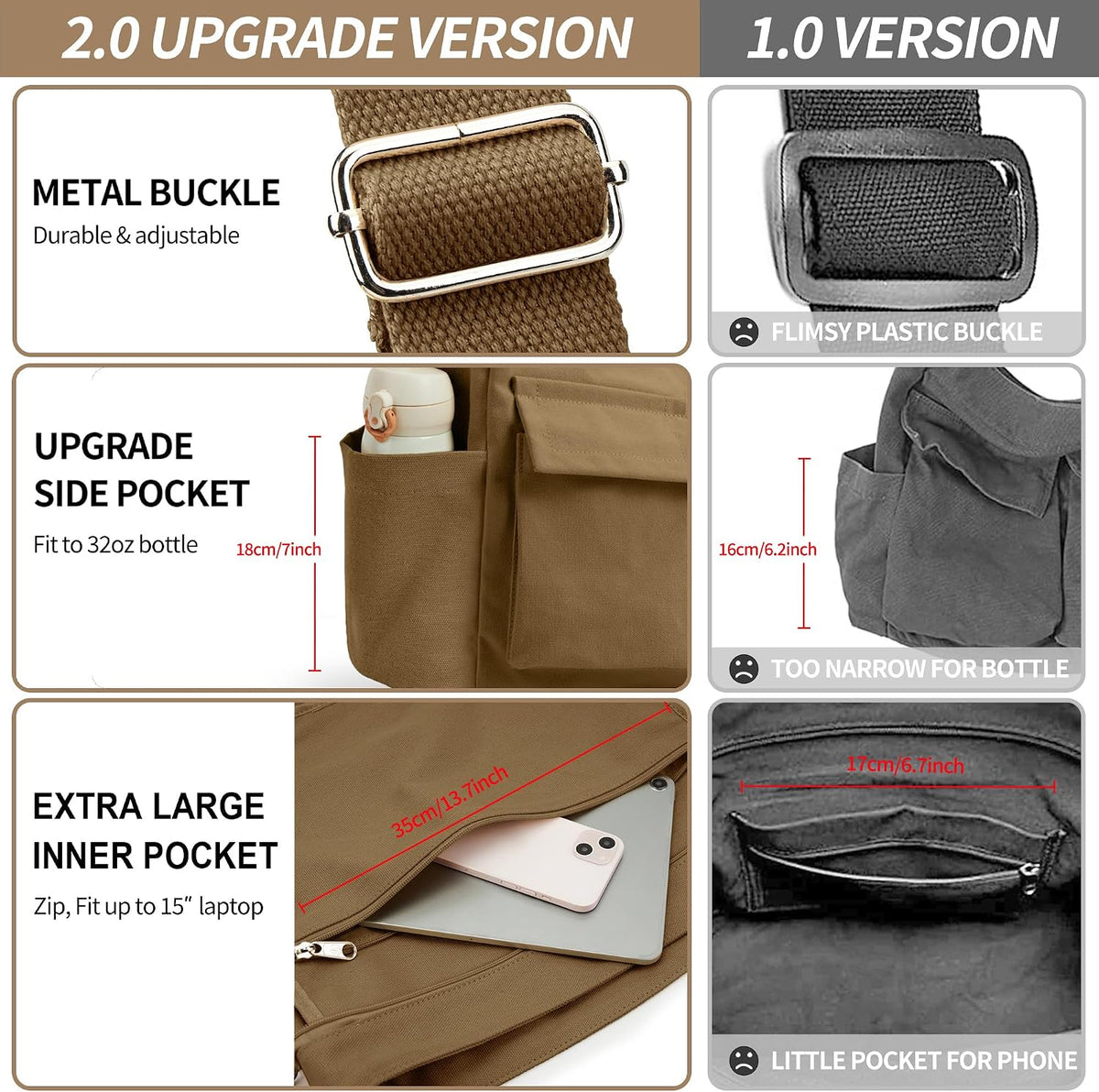 KALIDI Canvas Tote Bag Zipper Large Crossbody Shoulder Bag Messenger Bag