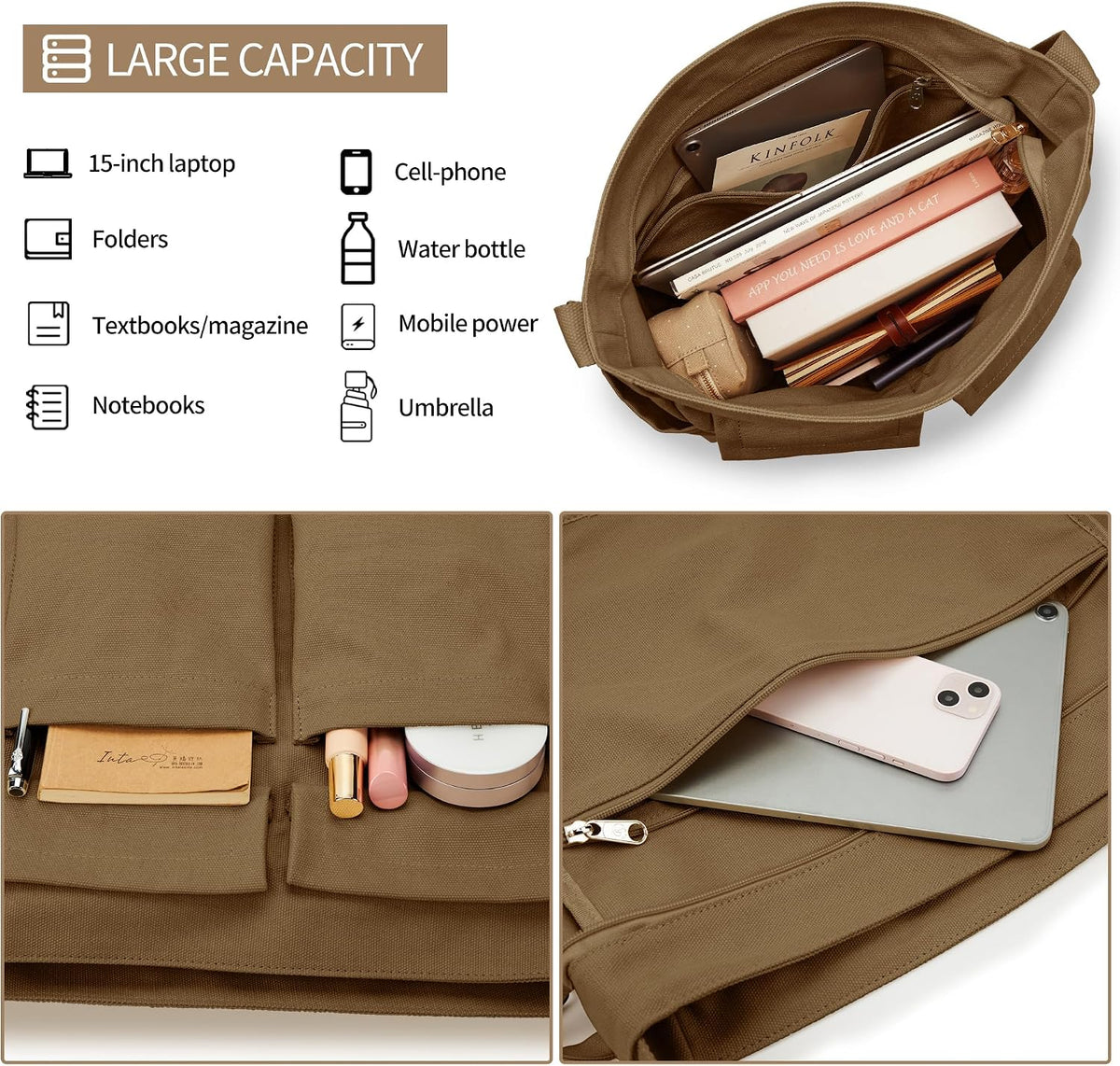 KALIDI Canvas Tote Bag Zipper Large Crossbody Shoulder Bag Messenger Bag