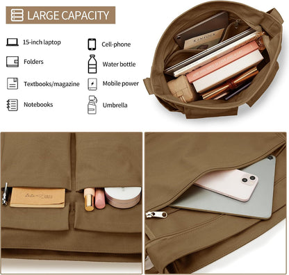 KALIDI Canvas Tote Bag Zipper Large Crossbody Shoulder Bag Messenger Bag