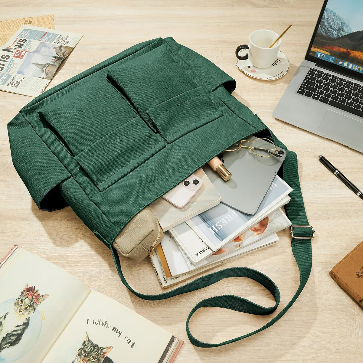 KALIDI Canvas Tote Bag Zipper Large Crossbody Shoulder Bag Messenger Bag