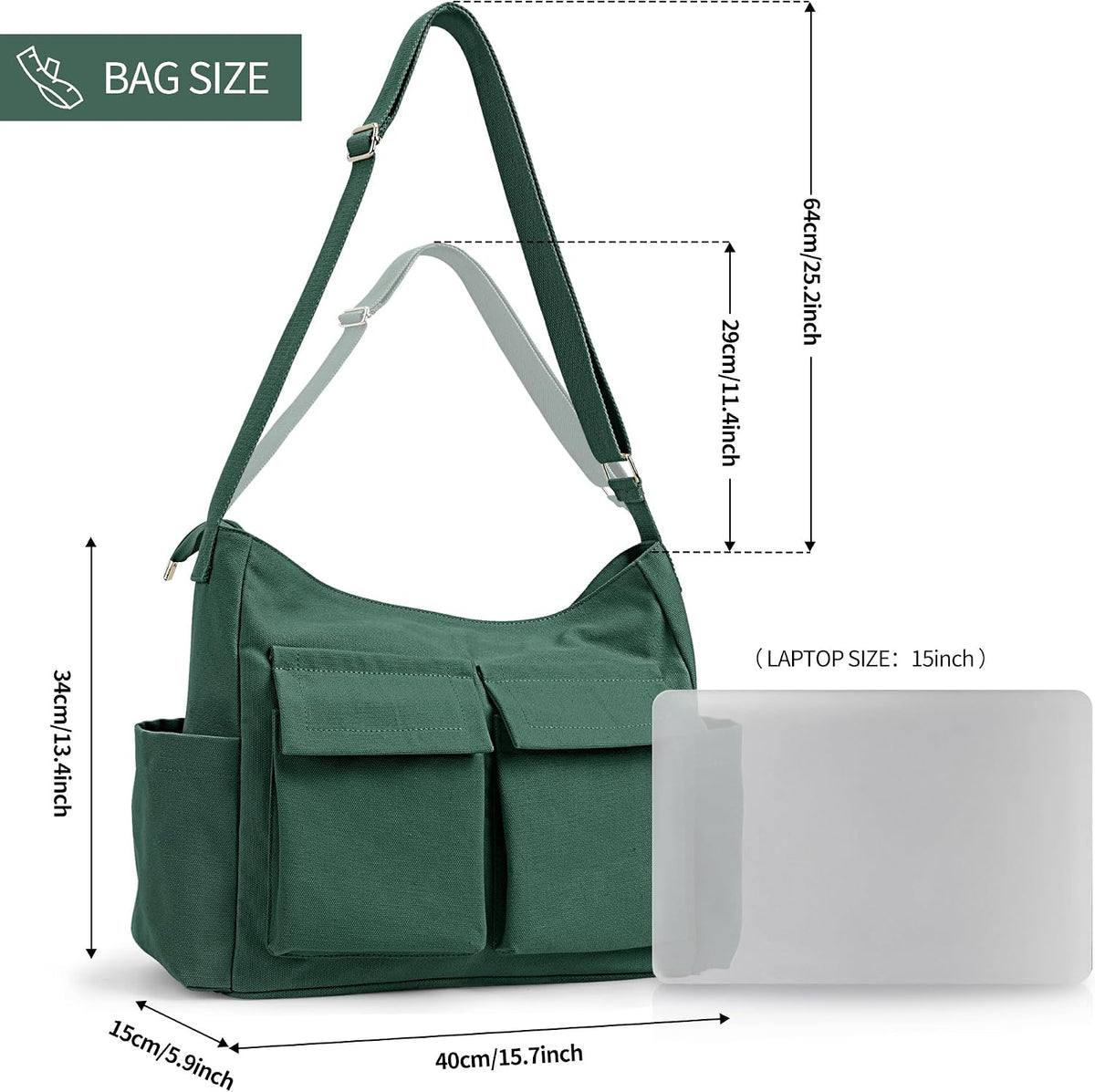 KALIDI Canvas Tote Bag Zipper Large Crossbody Shoulder Bag Messenger Bag