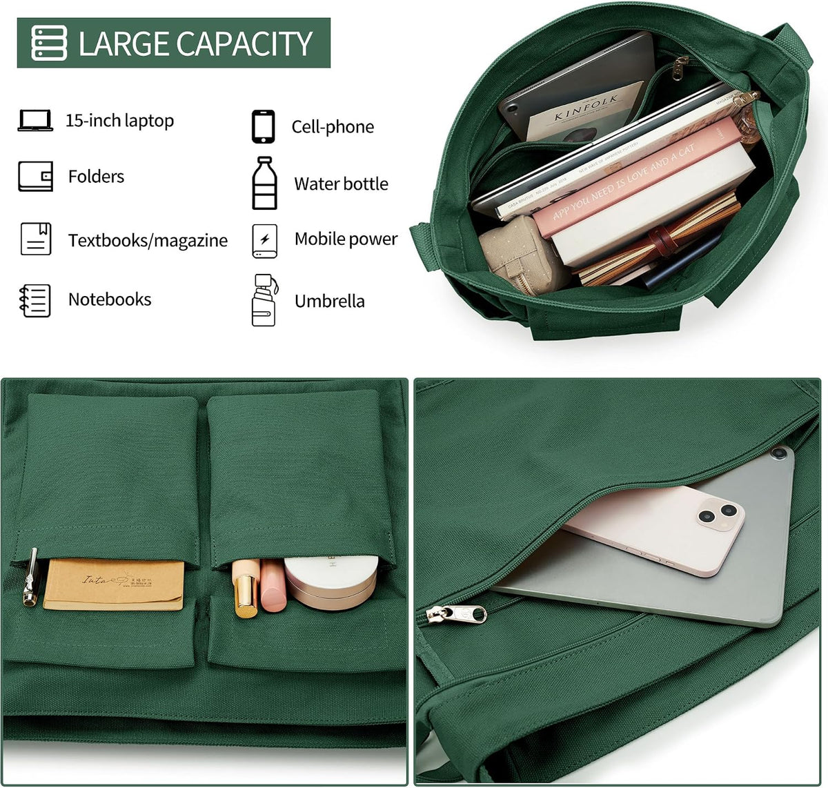 KALIDI Canvas Tote Bag Zipper Large Crossbody Shoulder Bag Messenger Bag