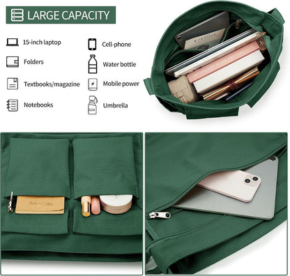 KALIDI Canvas Tote Bag Zipper Large Crossbody Shoulder Bag Messenger Bag