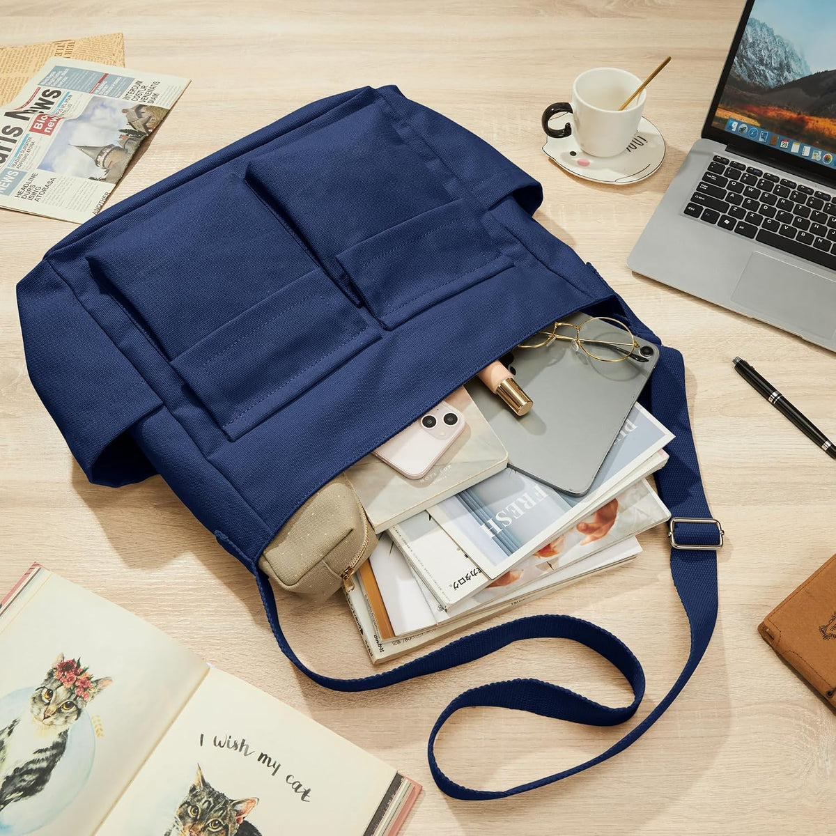KALIDI Canvas Tote Bag Zipper Large Crossbody Shoulder Bag Messenger Bag