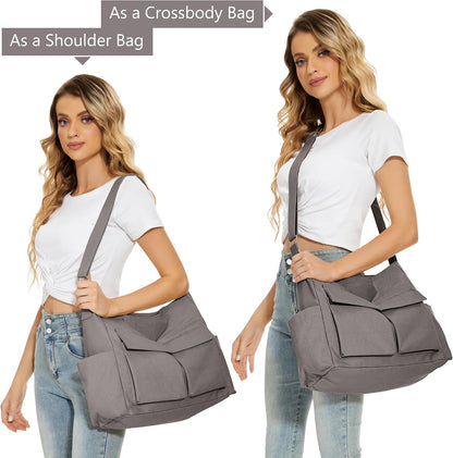 KALIDI Canvas Tote Bag Zipper Large Crossbody Shoulder Bag Messenger Bag