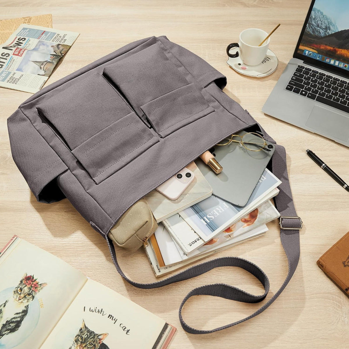 KALIDI Canvas Tote Bag Zipper Large Crossbody Shoulder Bag Messenger Bag