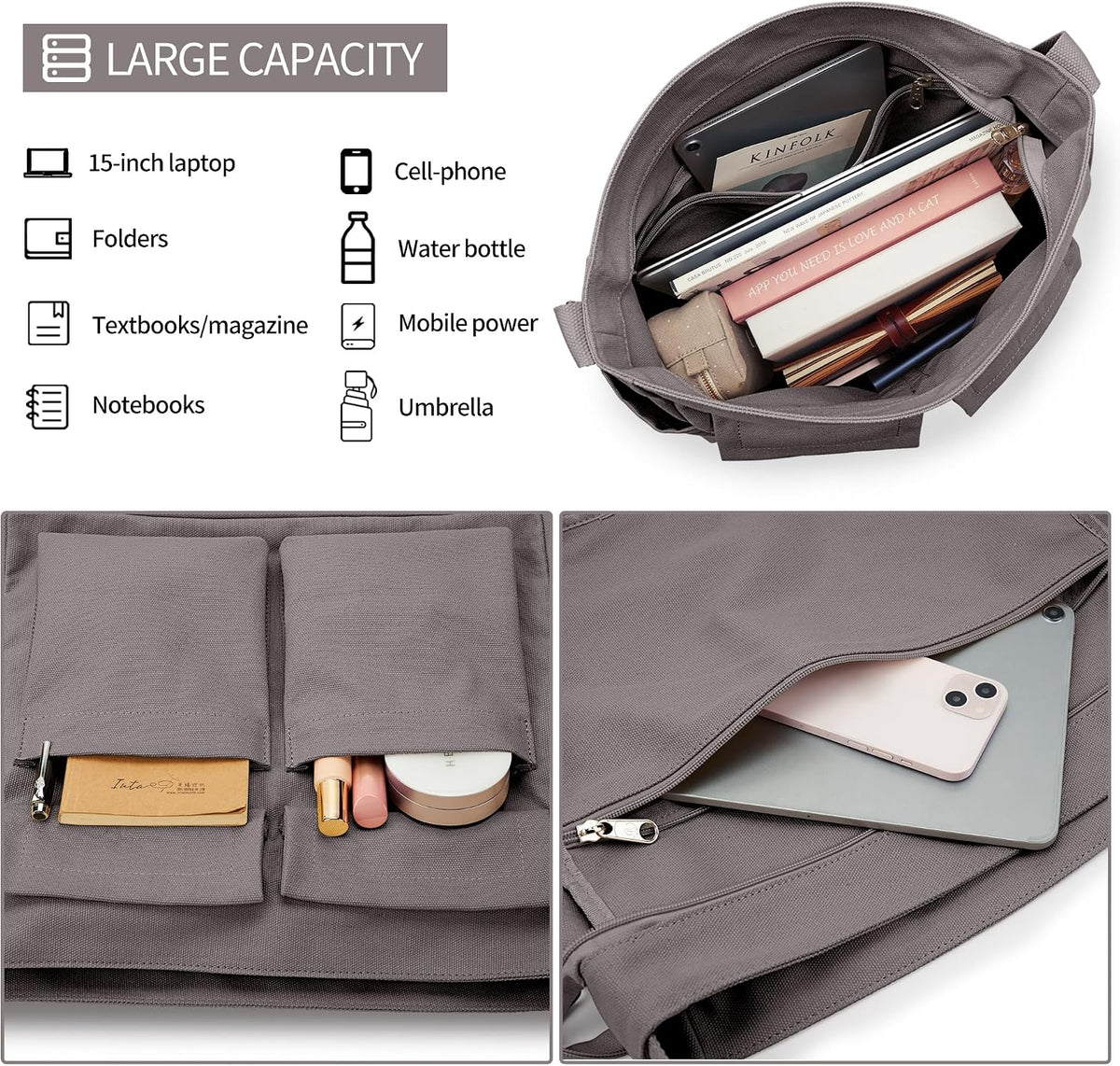 KALIDI Canvas Tote Bag Zipper Large Crossbody Shoulder Bag Messenger Bag