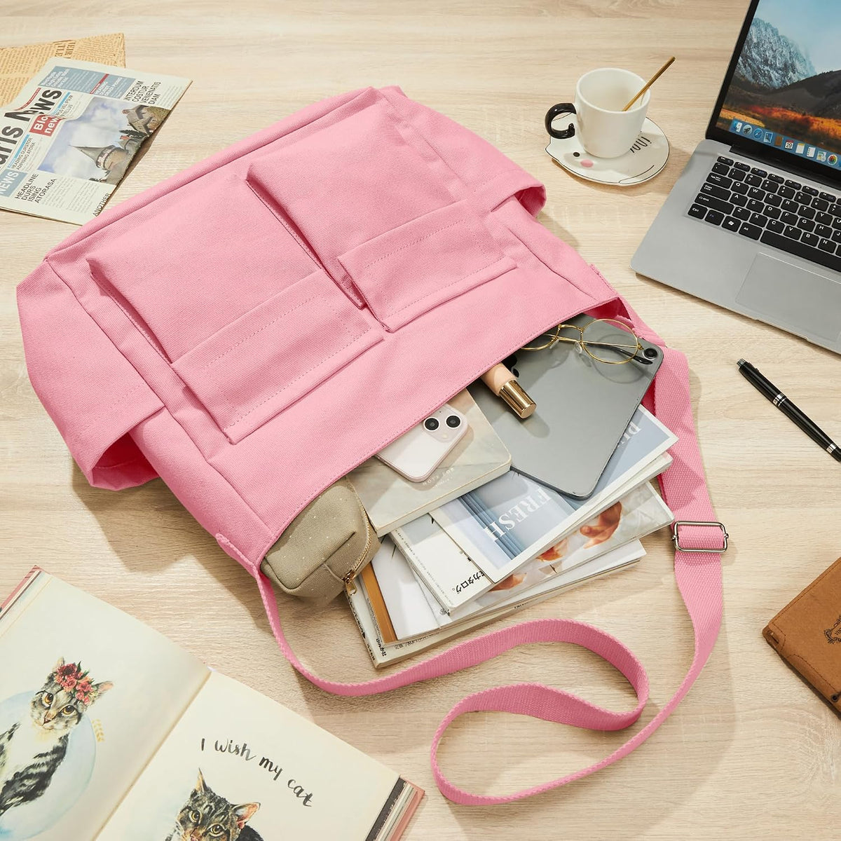 KALIDI Canvas Tote Bag Zipper Large Crossbody Shoulder Bag Messenger Bag