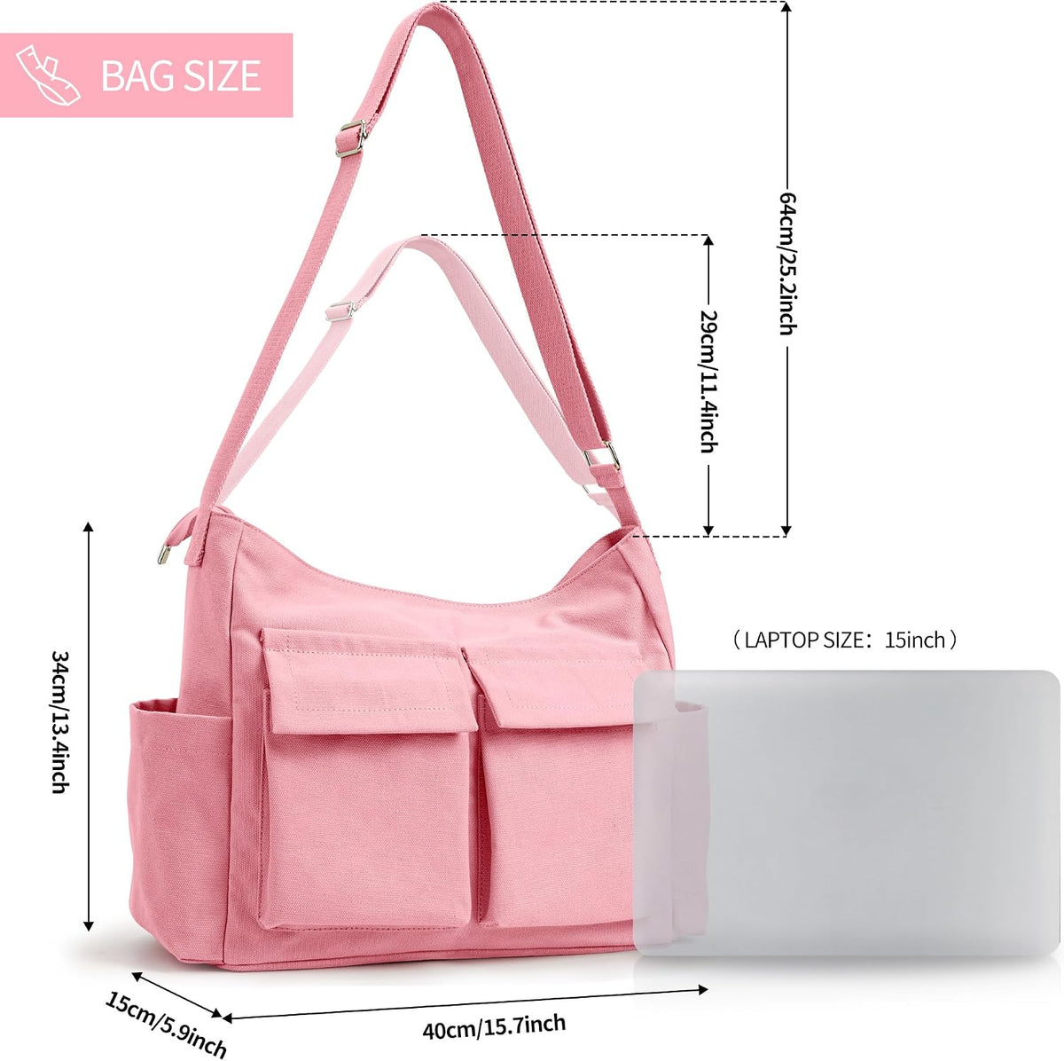 KALIDI Canvas Tote Bag Zipper Large Crossbody Shoulder Bag Messenger Bag