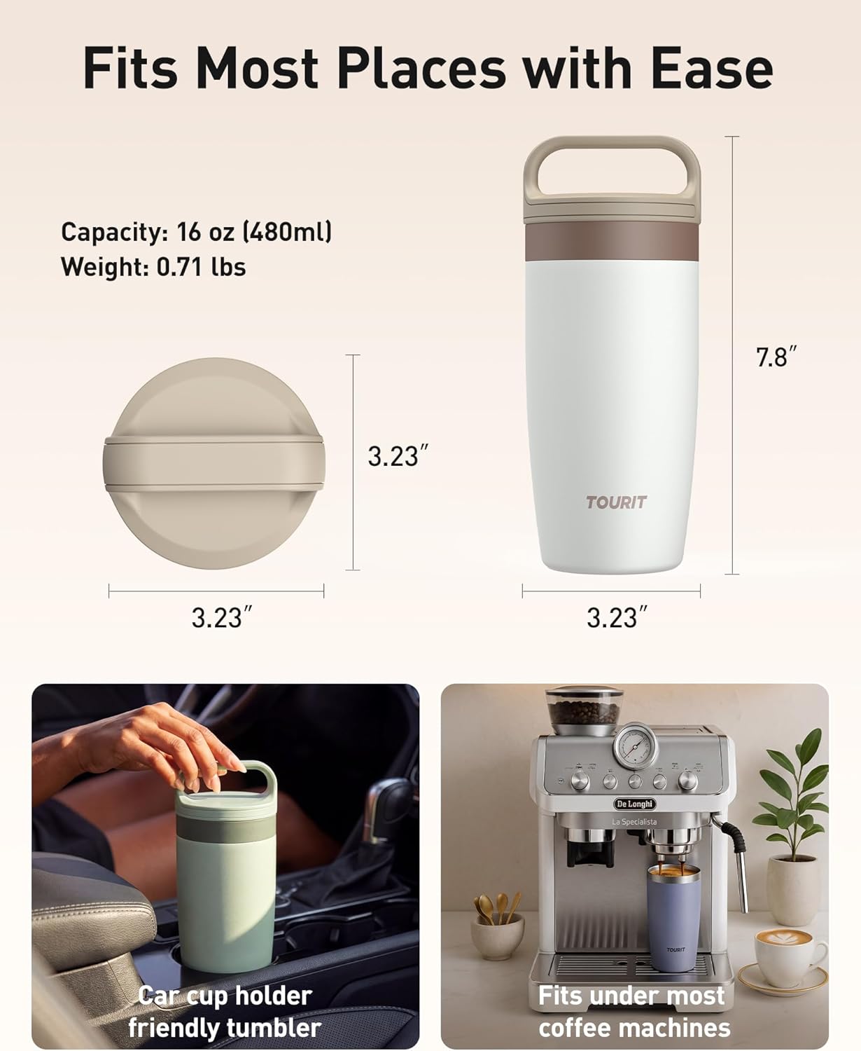 Travel Coffee Mug 16 oz, Leakproof 2-Part Drink Lid Coffee Tumbler Cup, Insulated Stainless Steel Travel Mug, Dishwasher Safe Reusable Water Bottle, BPA-Free Coffee Mug, Light pink