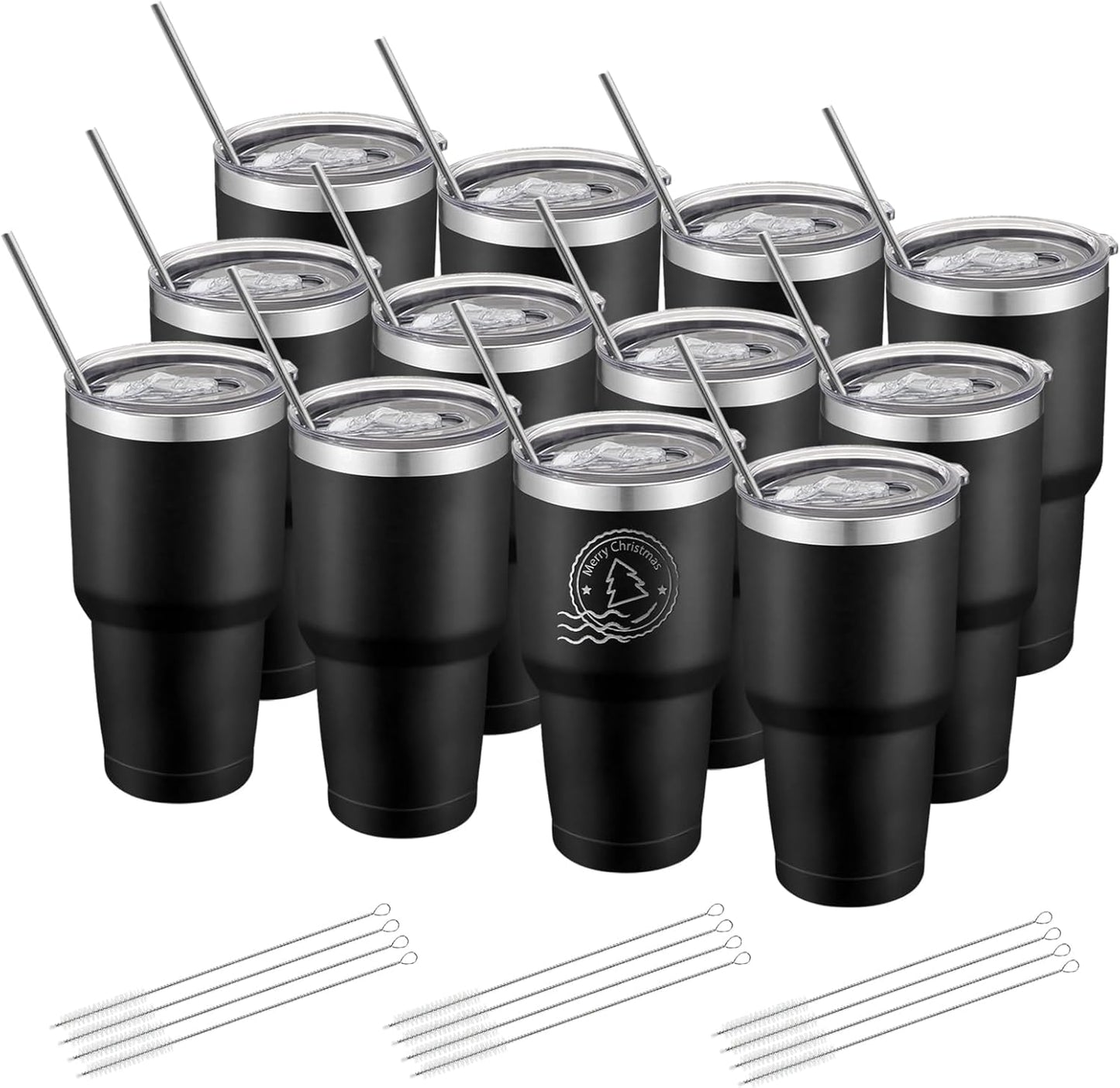 12 Pack Insulated Tumbler Powder Coated Stainless Steel Double Wall Vacuum Travel Coffee Tumbler Cup with Lid and Straw for Laser Engrave DIY Gift 30oz Black