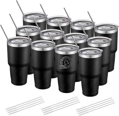 12 Pack Insulated Tumbler Powder Coated Stainless Steel Double Wall Vacuum Travel Coffee Tumbler Cup with Lid and Straw for Laser Engrave DIY Gift 30oz Black