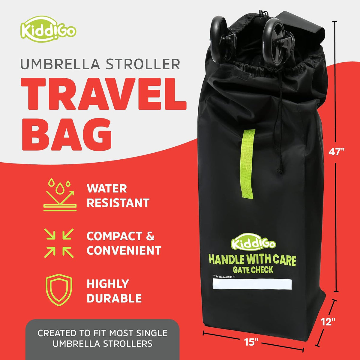 Umbrella Stroller Bag for Airplane Travel, Black and Green, 47" H x 15" W x 12" D, Fits Most Standard Umbrella Strollers, Gate Check Stroller Cover, Water-Resistant, Durable, Easy Carry Design