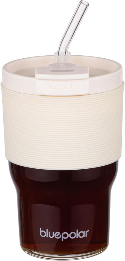 Glass Tumbler Set with Lids and Straws, 17 oz Reusable Cups for Iced Coffee, Cold Brew, Tea, Smoothie (White with Sleeve)