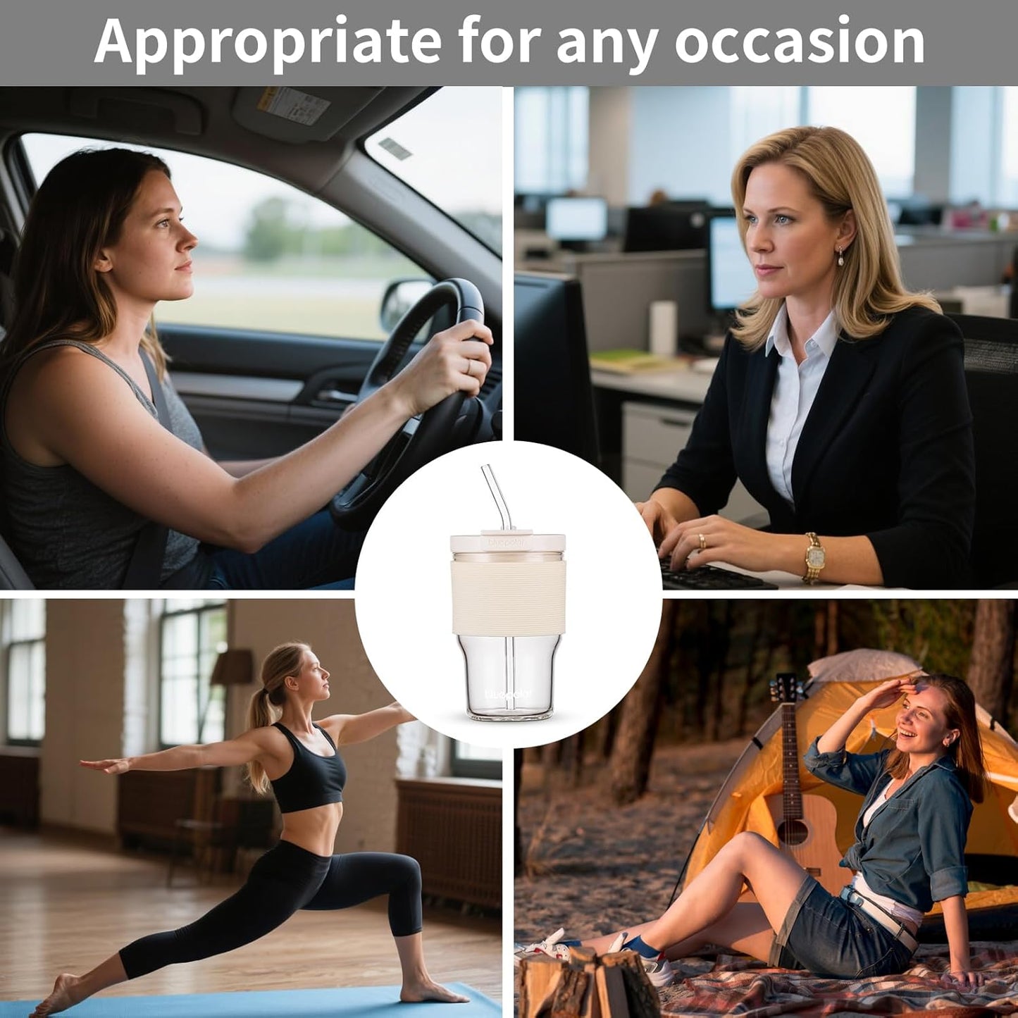 Glass Tumbler Set with Lids and Straws, 17 oz Reusable Cups for Iced Coffee, Cold Brew, Tea, Smoothie (White with Sleeve)