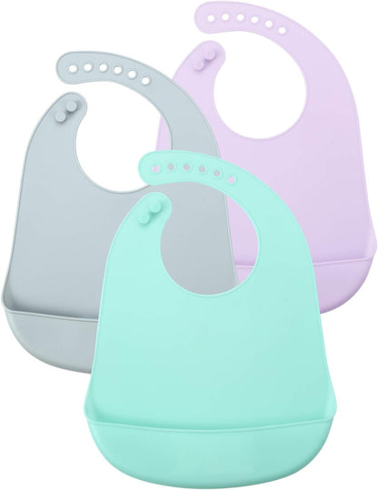 3 Pack Waterproof Silicone Baby Bibs| Super Thin Light Weight Feeding Bib with Food Catcher Pocket for Toddler
