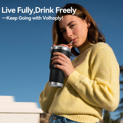 Volhoply 30oz Insulated Tumbler with Lid and Straw, Double Wall Inner & Outer 304 Stainless Steel Coffee Cup, Travel Mug Reusable Thermal Cup for Cold & Hot Drinks (Navy,1 Pack)