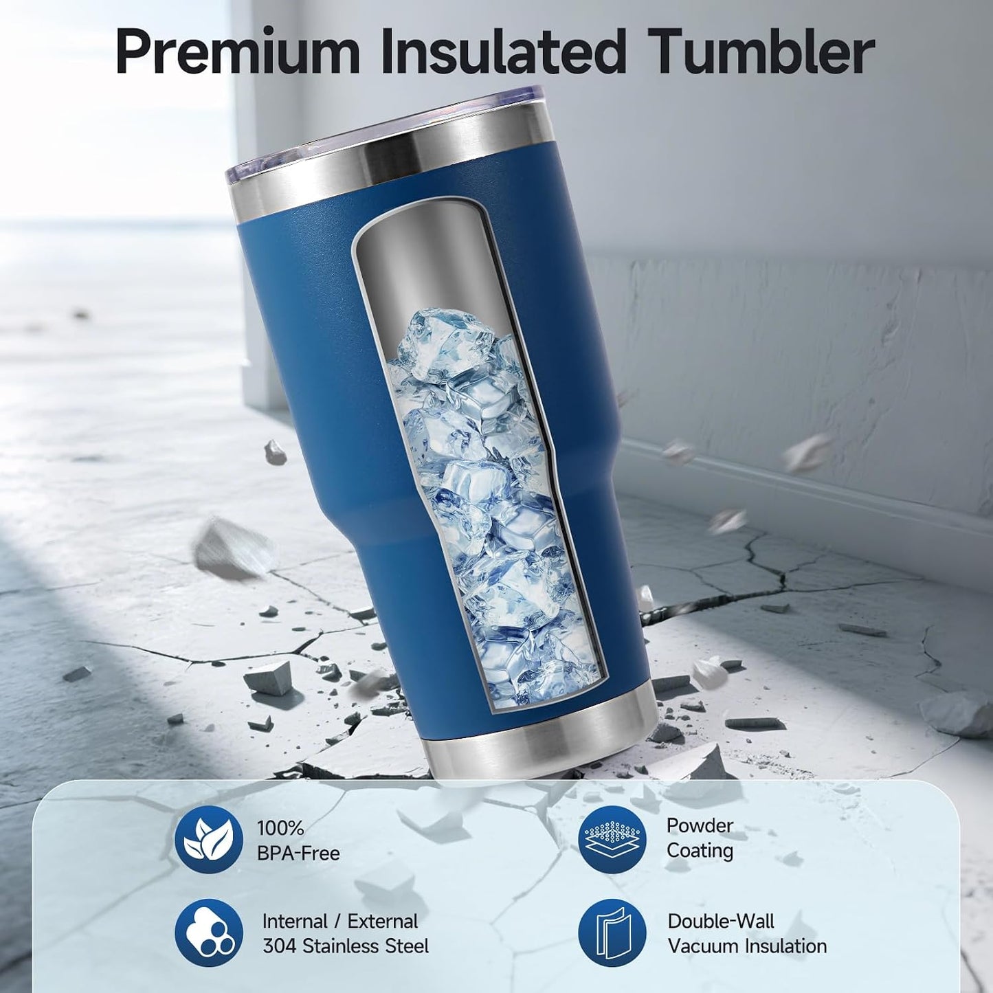 Volhoply 30oz Insulated Tumbler with Lid and Straw, Double Wall Inner & Outer 304 Stainless Steel Coffee Cup, Travel Mug Reusable Thermal Cup for Cold & Hot Drinks (Navy,1 Pack)