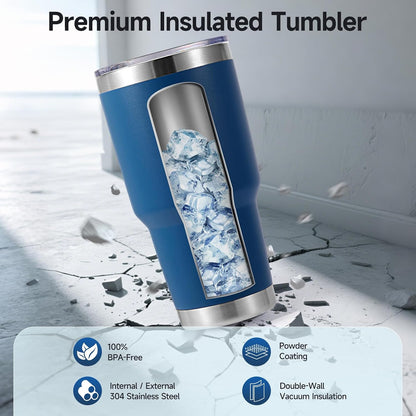Volhoply 30oz Insulated Tumbler with Lid and Straw, Double Wall Inner & Outer 304 Stainless Steel Coffee Cup, Travel Mug Reusable Thermal Cup for Cold & Hot Drinks (Navy,1 Pack)