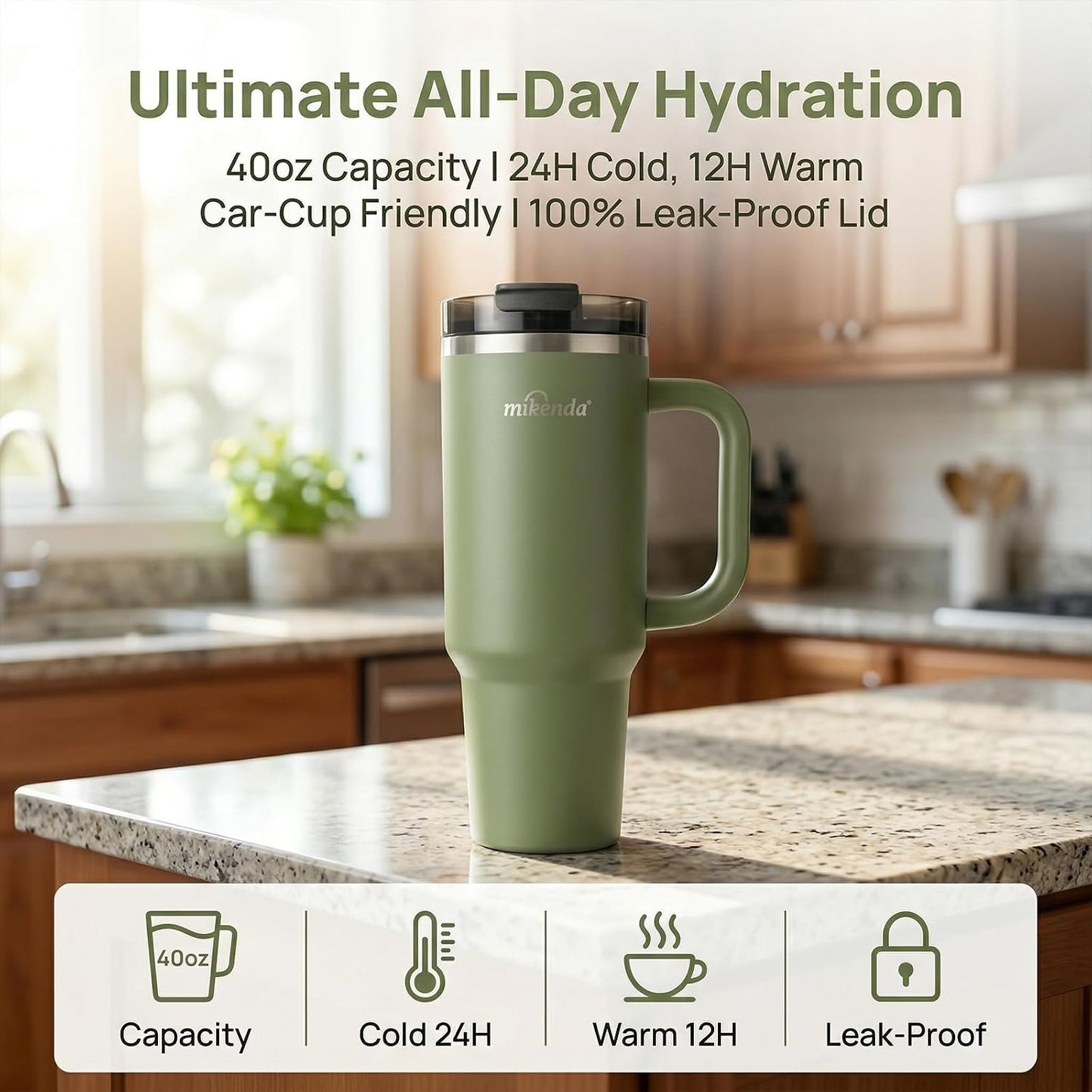 Insulated Tumbler with Straw | Double Wall Stainless Steel Travel Mug | Leak Proof Lid, 24hr Cold & 12hr Hot | Reusable Water Bottle for Office, Gym, Hiking (olive green, 40, Fluid Ounces)