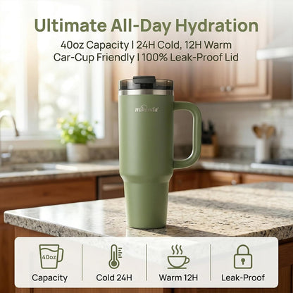 Insulated Tumbler with Straw | Double Wall Stainless Steel Travel Mug | Leak Proof Lid, 24hr Cold & 12hr Hot | Reusable Water Bottle for Office, Gym, Hiking (olive green, 40, Fluid Ounces)