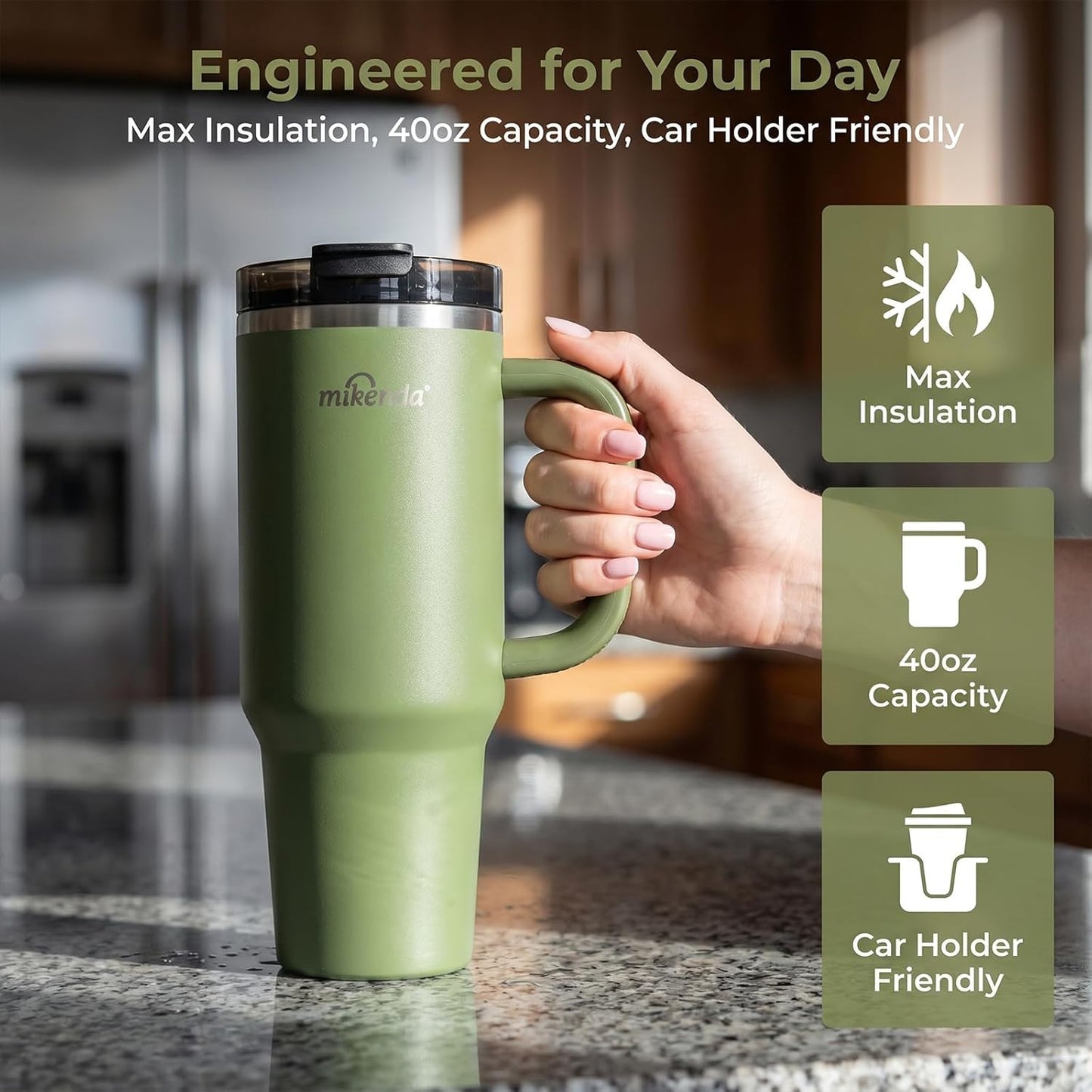 Insulated Tumbler with Straw | Double Wall Stainless Steel Travel Mug | Leak Proof Lid, 24hr Cold & 12hr Hot | Reusable Water Bottle for Office, Gym, Hiking (olive green, 40, Fluid Ounces)