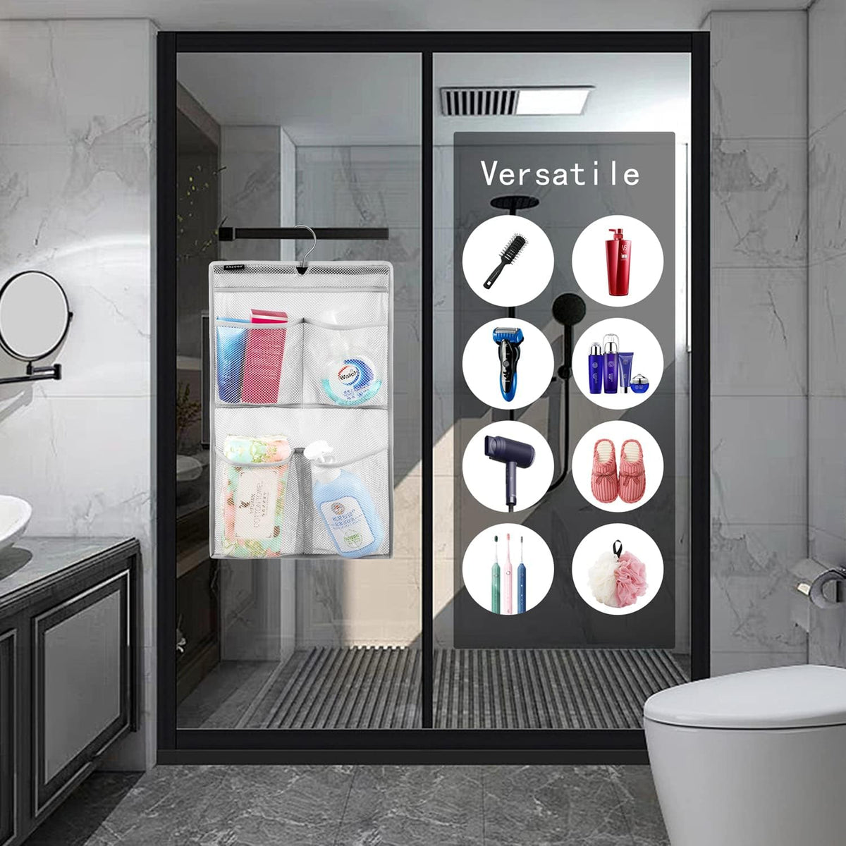 Mesh Shower Organizer Hanging Caddy Quick Dry Bathroom Storage for Toiletry Accessories with Rotating Hanger (12 Pockets)
