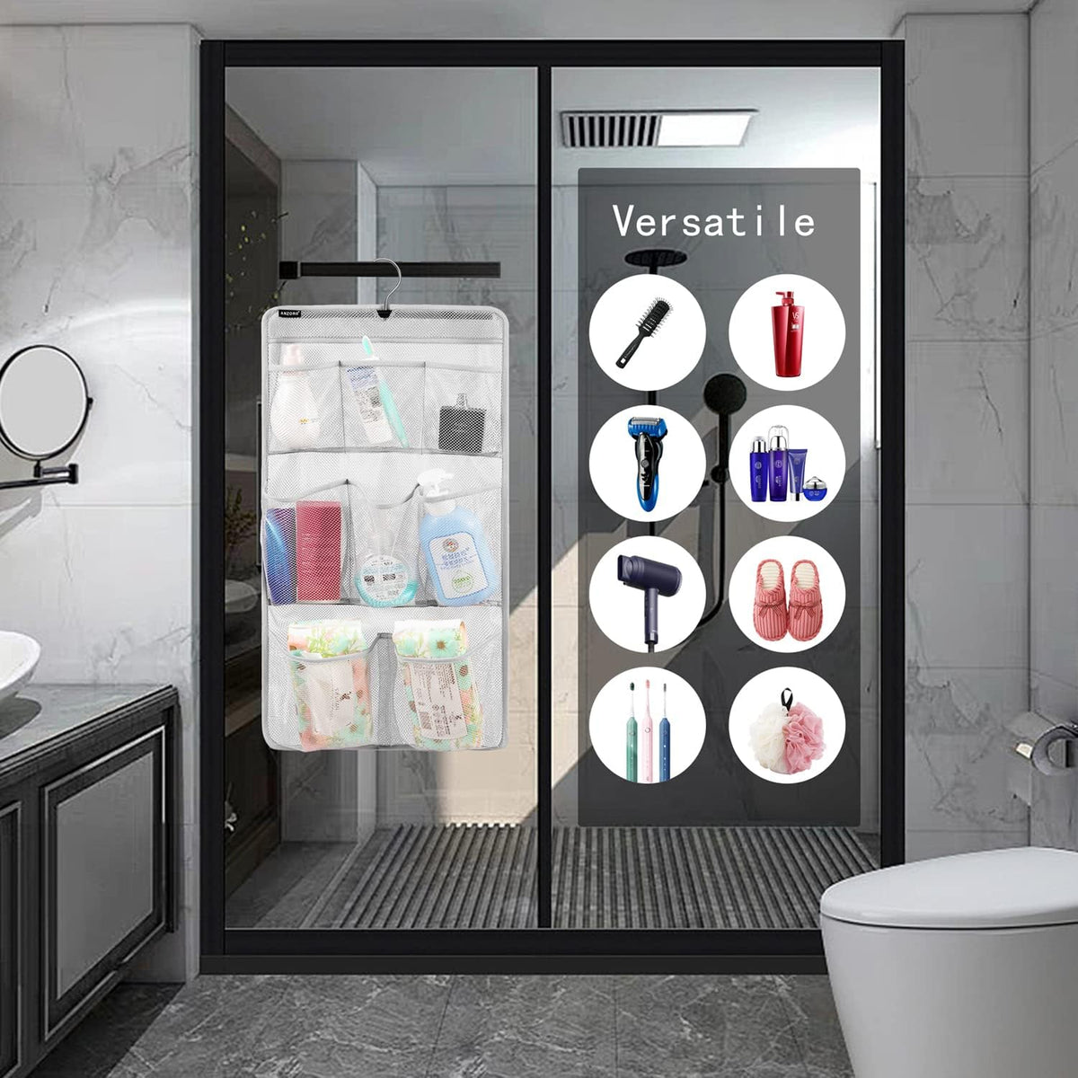 Mesh Shower Organizer Hanging Caddy Quick Dry Bathroom Storage for Toiletry Accessories with Rotating Hanger (12 Pockets)