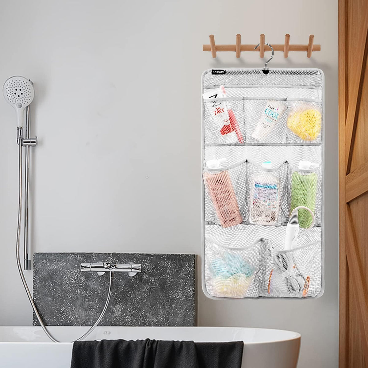 Mesh Shower Organizer Hanging Caddy Quick Dry Bathroom Storage for Toiletry Accessories with Rotating Hanger (12 Pockets)