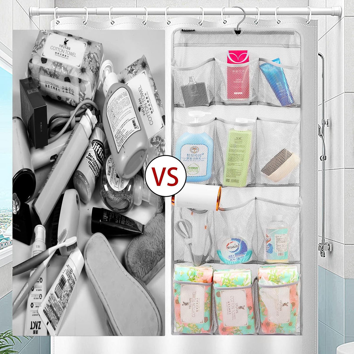 Mesh Shower Organizer Hanging Caddy Quick Dry Bathroom Storage for Toiletry Accessories with Rotating Hanger (12 Pockets)