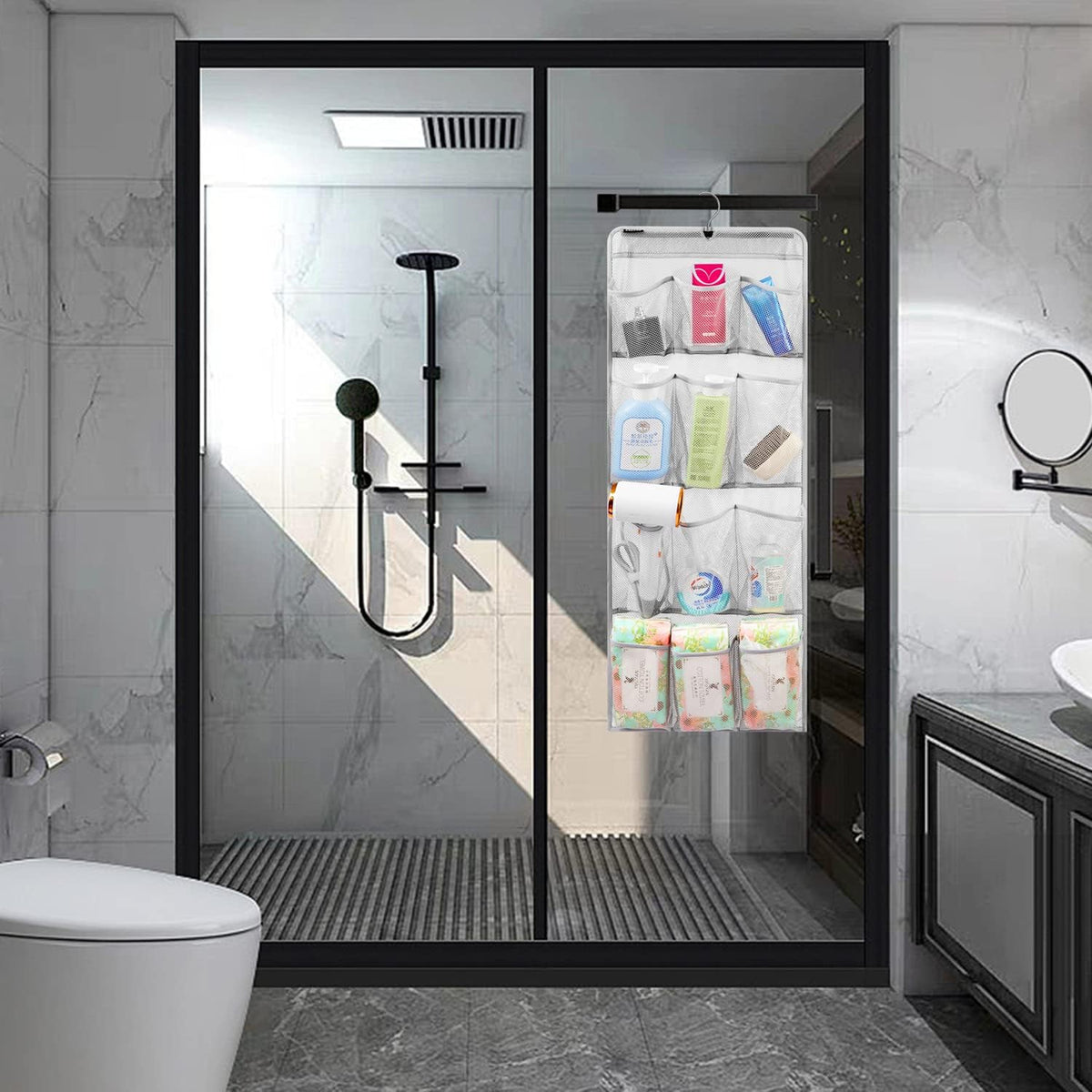 Mesh Shower Organizer Hanging Caddy Quick Dry Bathroom Storage for Toiletry Accessories with Rotating Hanger (12 Pockets)