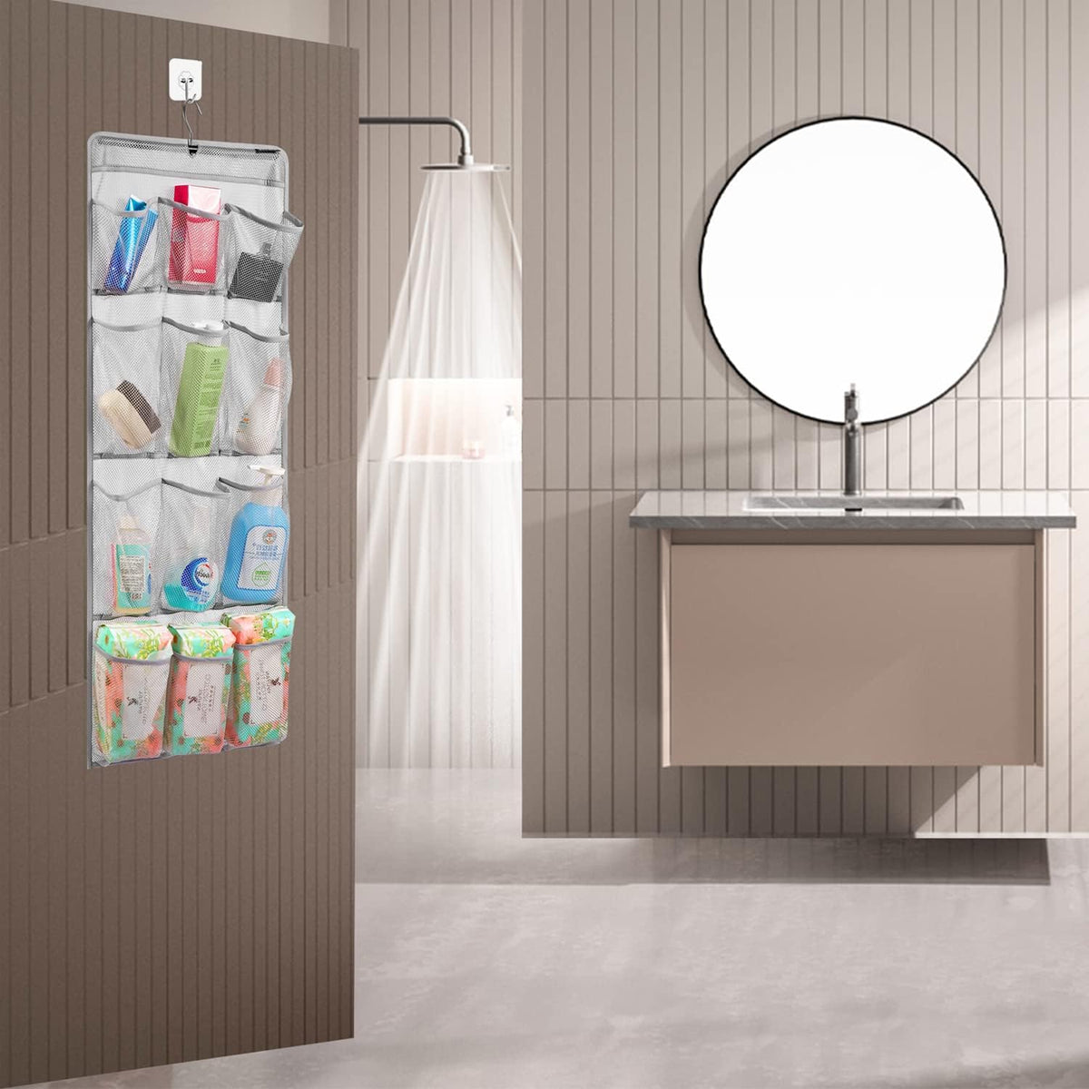 Mesh Shower Organizer Hanging Caddy Quick Dry Bathroom Storage for Toiletry Accessories with Rotating Hanger (12 Pockets)