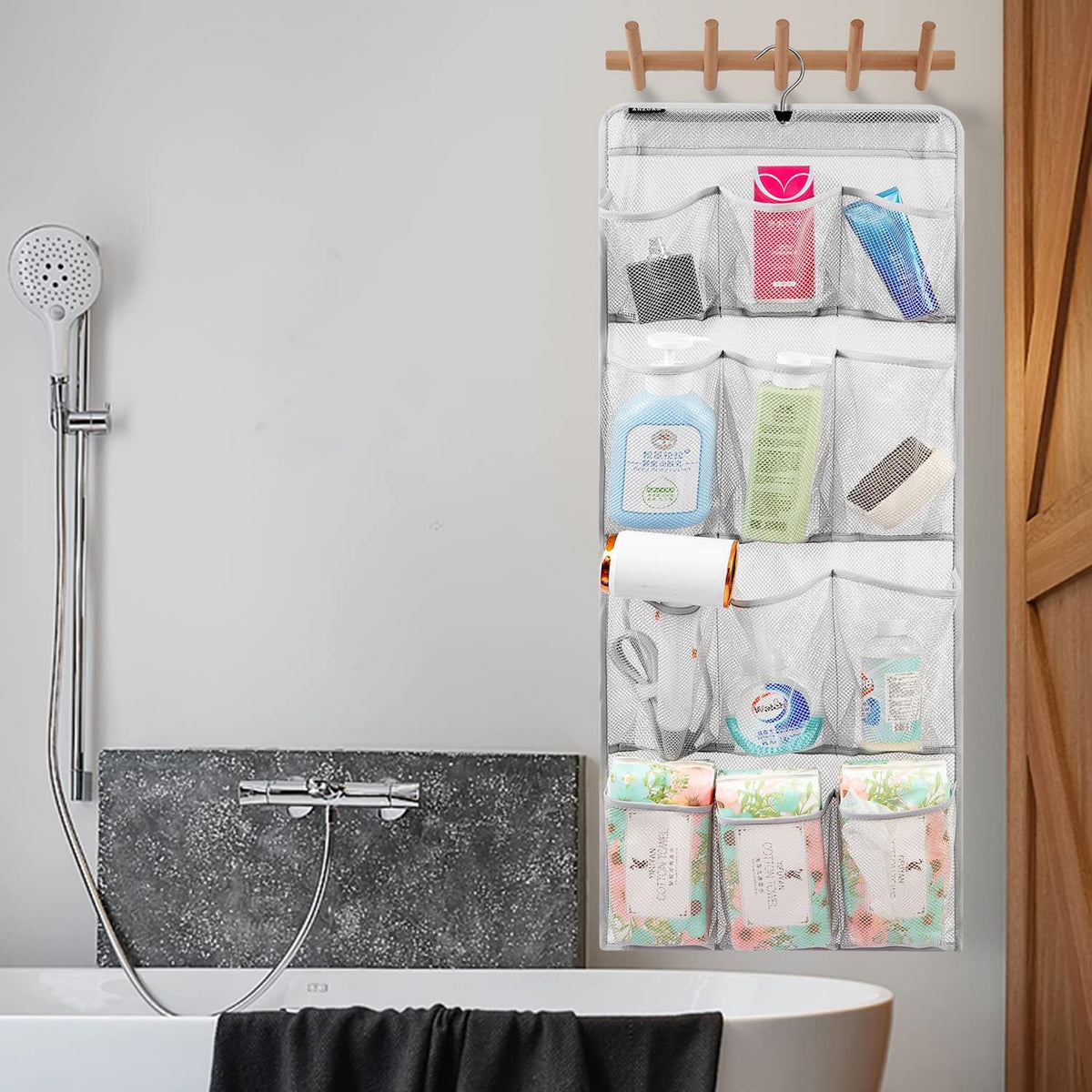Mesh Shower Organizer Hanging Caddy Quick Dry Bathroom Storage for Toiletry Accessories with Rotating Hanger (12 Pockets)