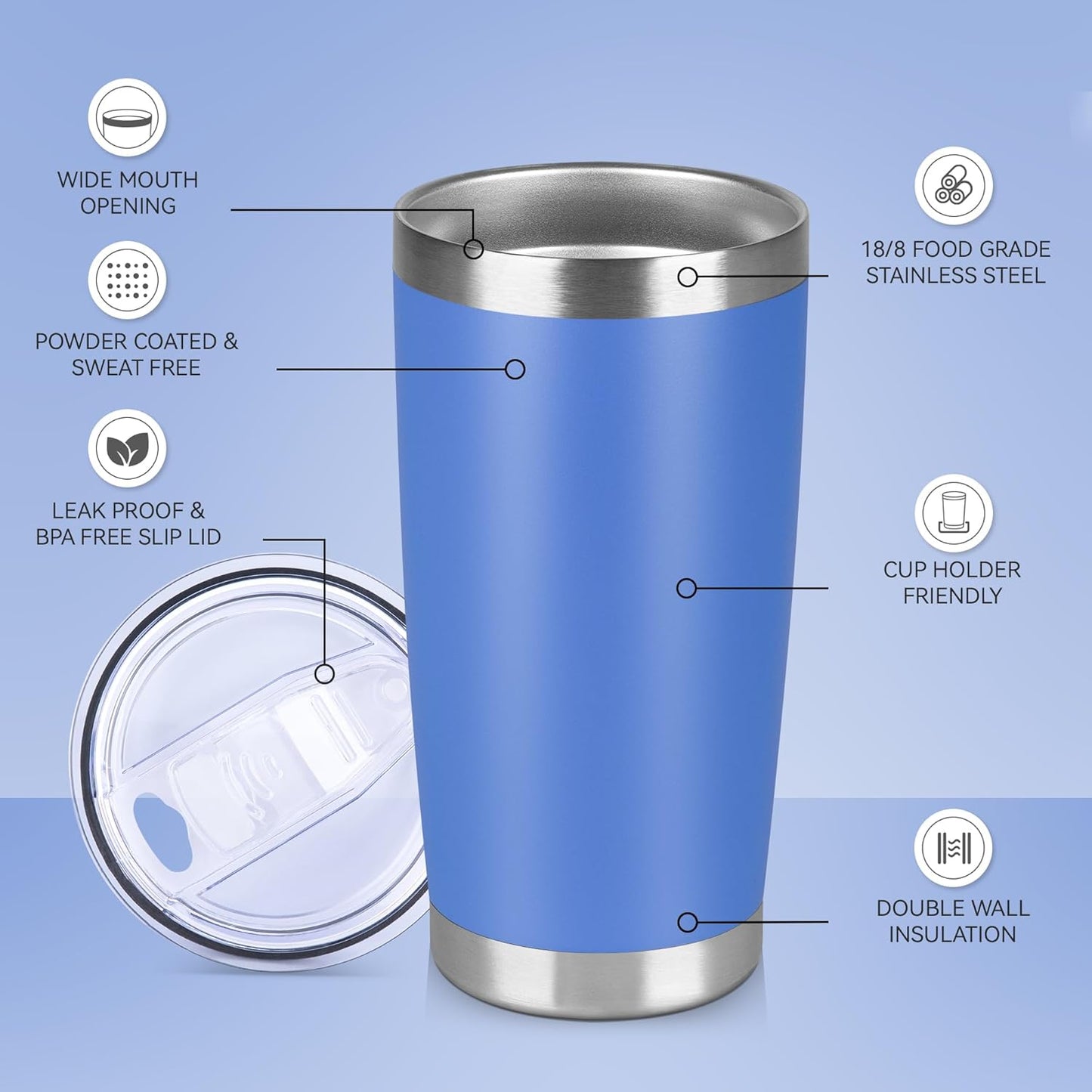20 oz Tumbler Stainless Steel Tumblers Bulk with Lid Double Wall Insulated Coffee Tumbler Cups for Hot & Cold Drinks Powder Coated Travel Coffee Tumbler Mug Metal (Stainless Steel, 1 pack)
