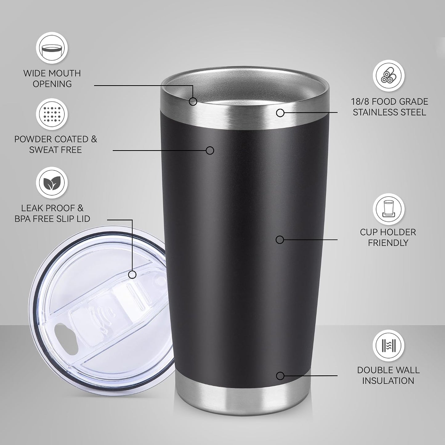 20 oz Tumbler Stainless Steel Tumblers Bulk with Lid Double Wall Insulated Coffee Tumbler Cups for Hot & Cold Drinks Powder Coated Travel Coffee Tumbler Mug Metal (Stainless Steel, 1 pack)