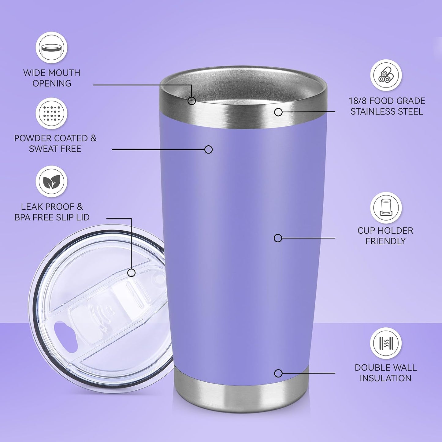 20 oz Tumbler Stainless Steel Tumblers Bulk with Lid Double Wall Insulated Coffee Tumbler Cups for Hot & Cold Drinks Powder Coated Travel Coffee Tumbler Mug Metal (Stainless Steel, 1 pack)