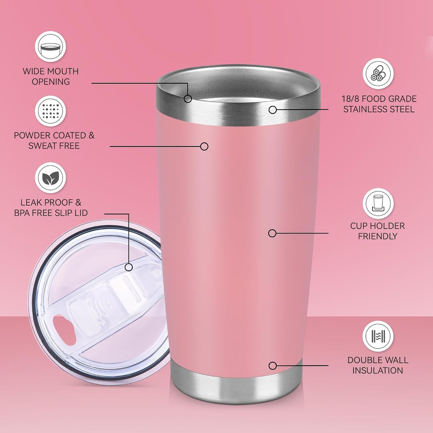 20 oz Tumbler Stainless Steel Tumblers Bulk with Lid Double Wall Insulated Coffee Tumbler Cups for Hot & Cold Drinks Powder Coated Travel Coffee Tumbler Mug Metal (Stainless Steel, 1 pack)