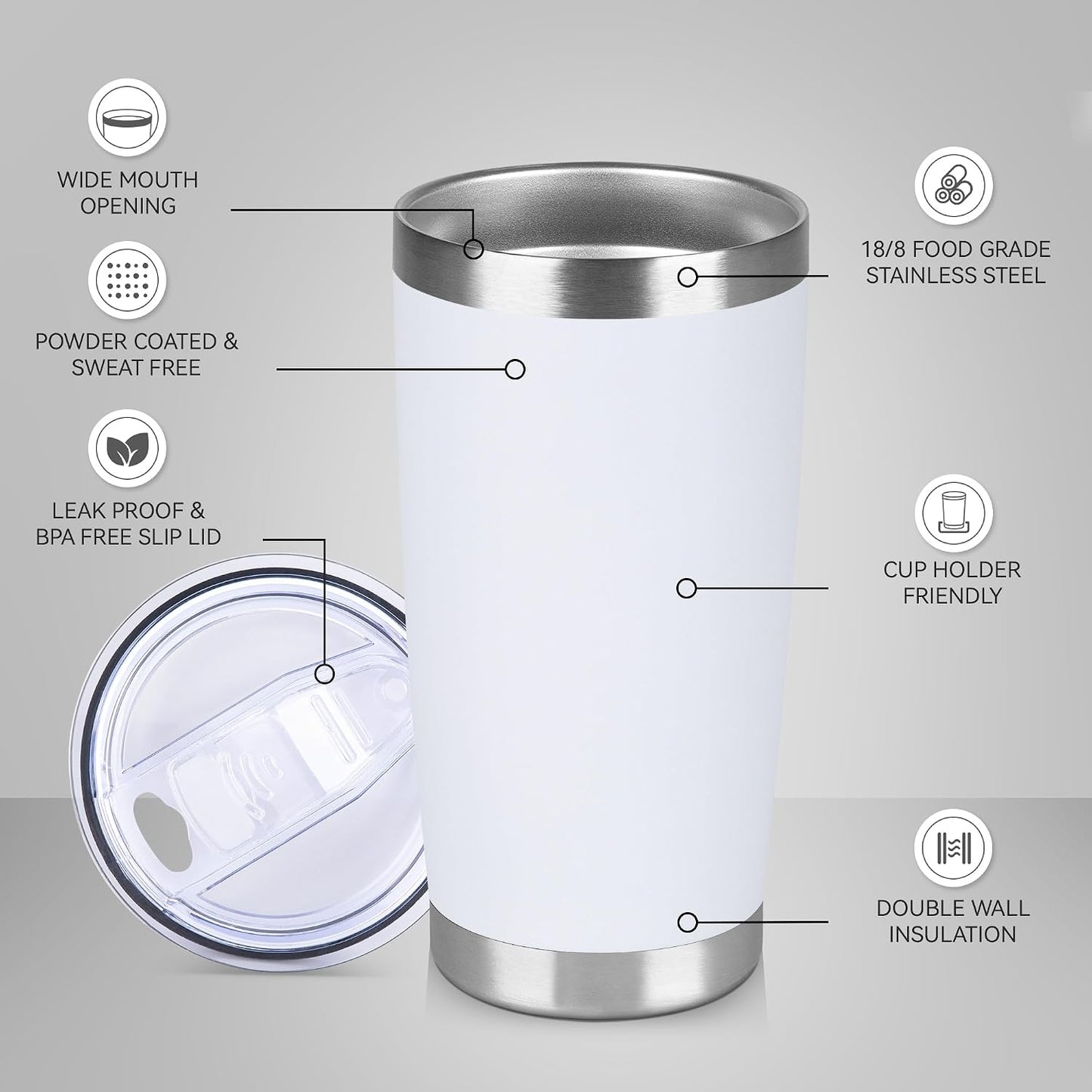20 oz Tumbler Stainless Steel Tumblers Bulk with Lid Double Wall Insulated Coffee Tumbler Cups for Hot & Cold Drinks Powder Coated Travel Coffee Tumbler Mug Metal (Stainless Steel, 1 pack)