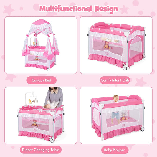 4 in 1 Pack and Play with Canopy, Portable Baby Playard with Bassinet, Double-Layer Baby Crib, Wheels & Brake, Foldable Baby Girl Pink Princess Bassinet from Newborn to Toddler