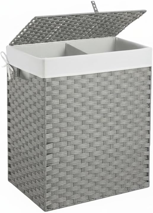 Wicker Laundry Hamper with Lid,90L (24Gal) Foldable Laundry Basket with Removable,Machine Washable 2-Section Liner and Handles,Gray Rattan Hamper for Organization and Storage