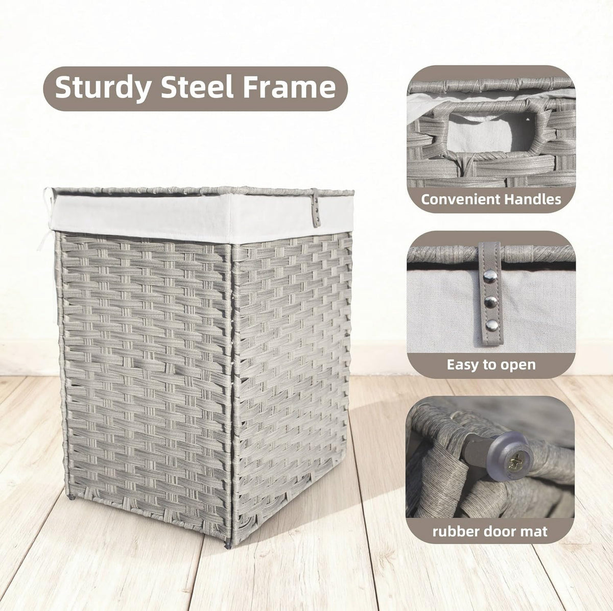 Wicker Laundry Hamper with Lid,90L (24Gal) Foldable Laundry Basket with Removable,Machine Washable 2-Section Liner and Handles,Gray Rattan Hamper for Organization and Storage