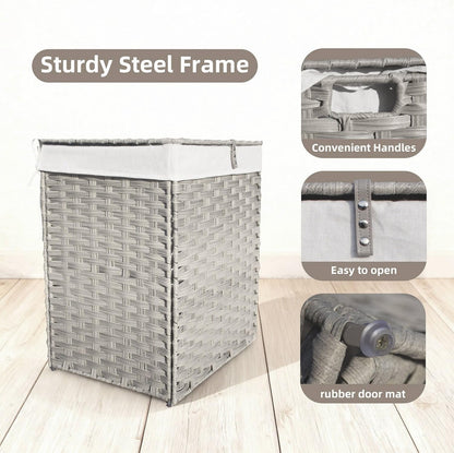 Wicker Laundry Hamper with Lid,90L (24Gal) Foldable Laundry Basket with Removable,Machine Washable 2-Section Liner and Handles,Gray Rattan Hamper for Organization and Storage